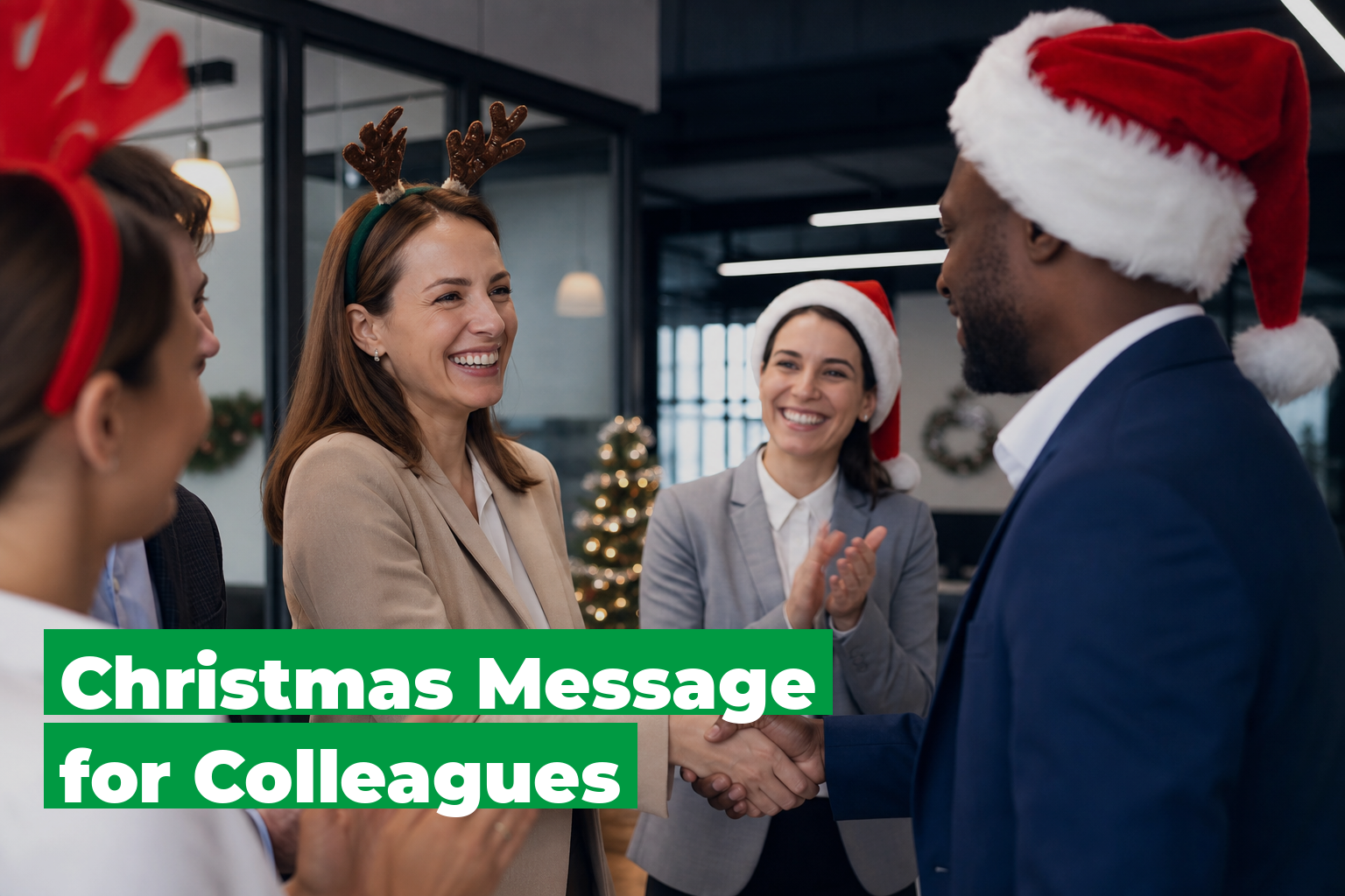 Colleagues sharing warm Christmas messages and greetings in a professional festive setting