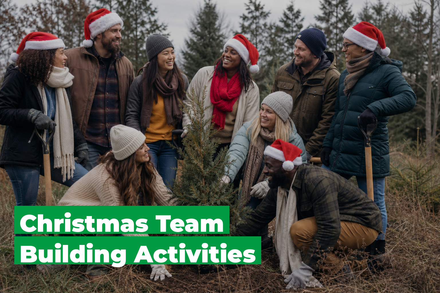 Work team doing a Christmas team building activity outdoors, planting trees and celebrating together