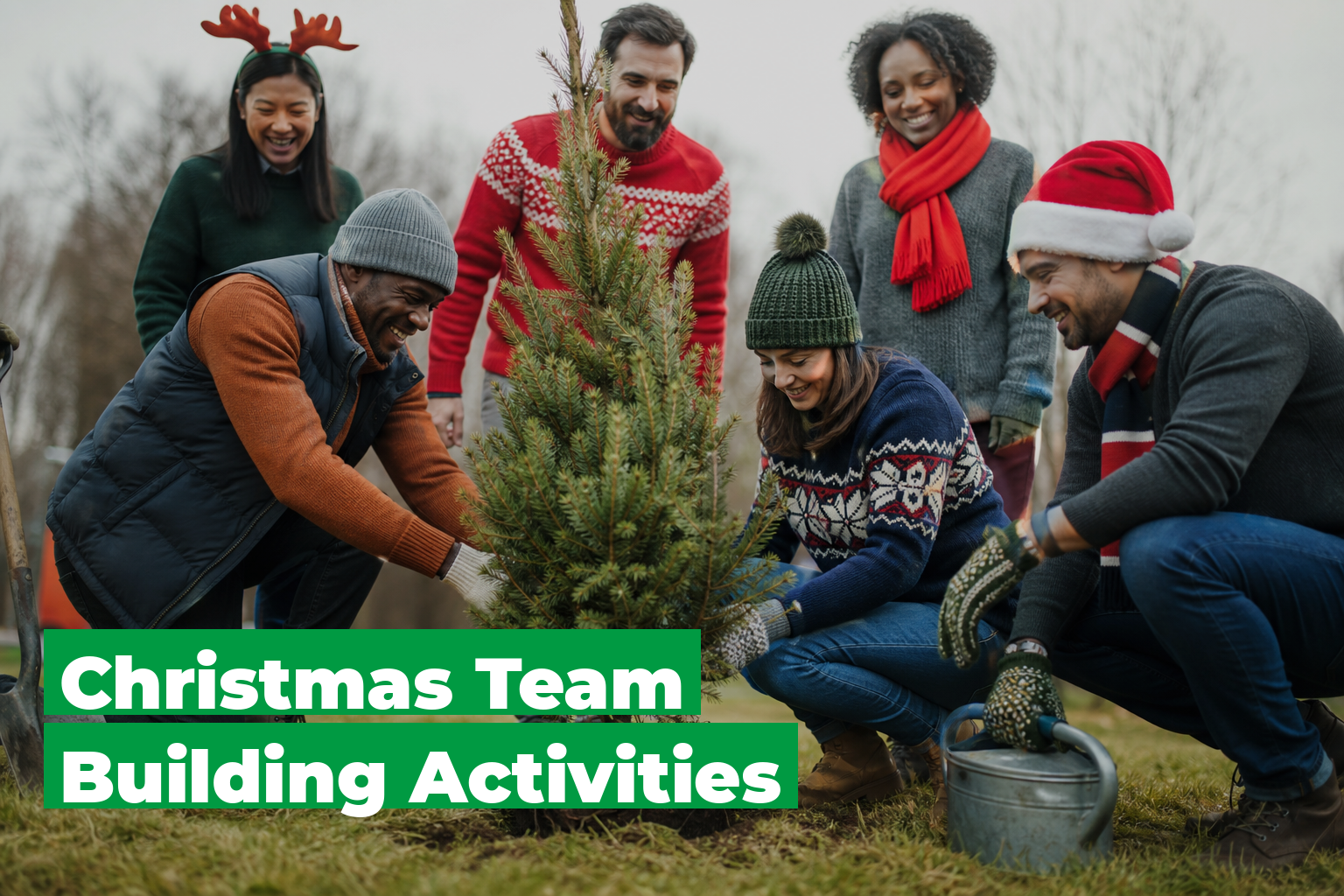 Work team doing Christmas team building outdoors, planting trees and celebrating together