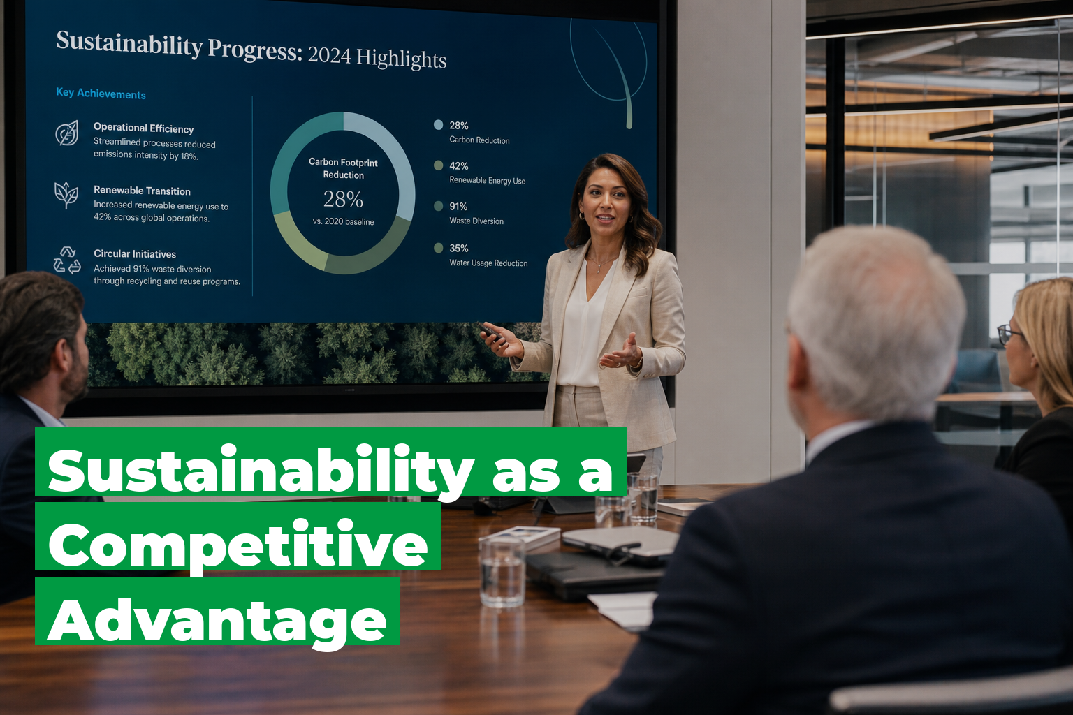 B2B salesperson presenting sustainability programme as competitive differentiator in boardroom