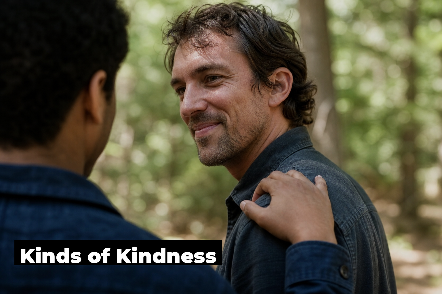Person placing their hand warmly on a friend's shoulder in dappled forest light